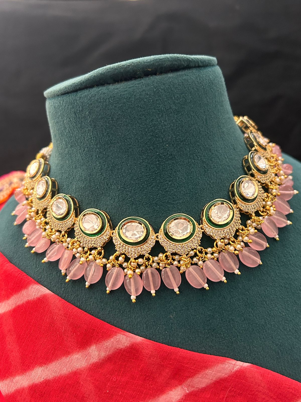 Elegant Kundan Necklace Set with Pink Beads & Earrings